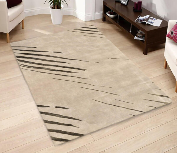 Indo-Tibetan Beige Area Rug with Modern Stripe - Image 2