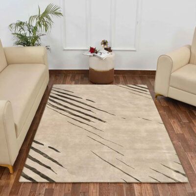 Indo-Tibetan Beige Area Rug with Modern Stripe