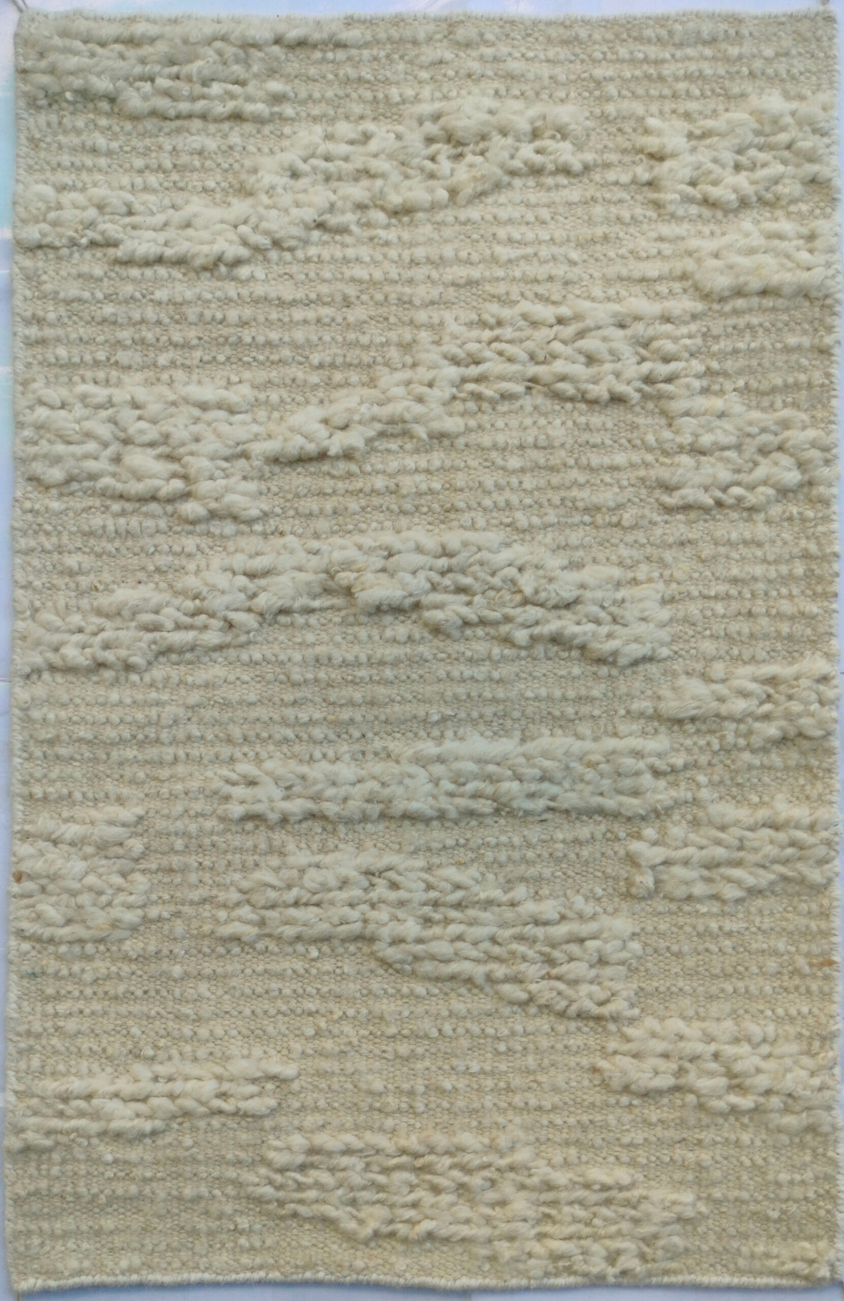 Handmade Wool Textured Rug – Natural Beige Striped High-Low Weave ...