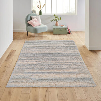 Handmade Wool Textured Rug – Ivory & Cream Striped High-Low Design | Modern Boho Area Carpet